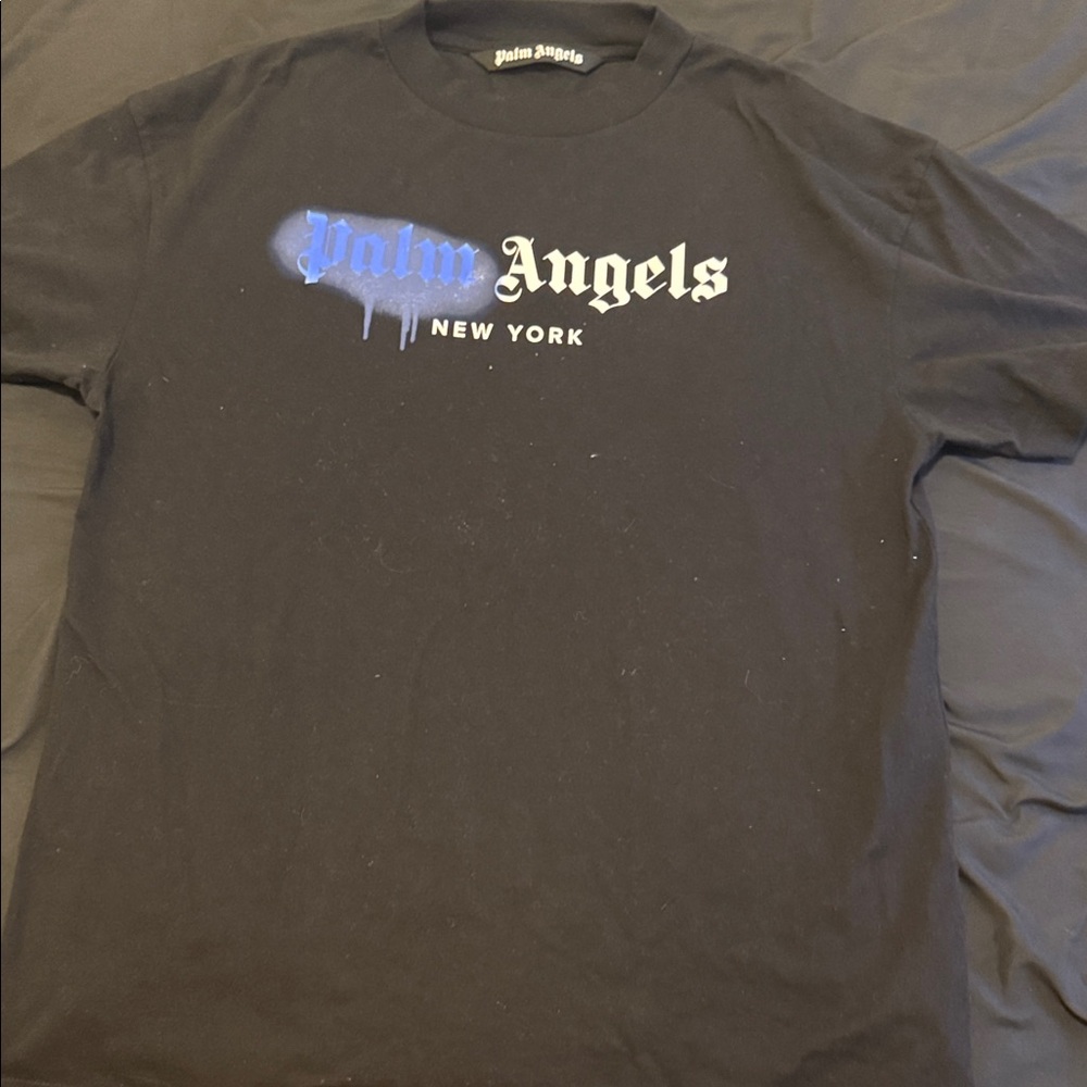 Palm Angels Black Tee with Blue and White Print